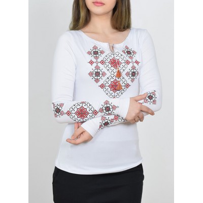 Embroidered t-shirt with long sleeves "Slavic Charm" red on white